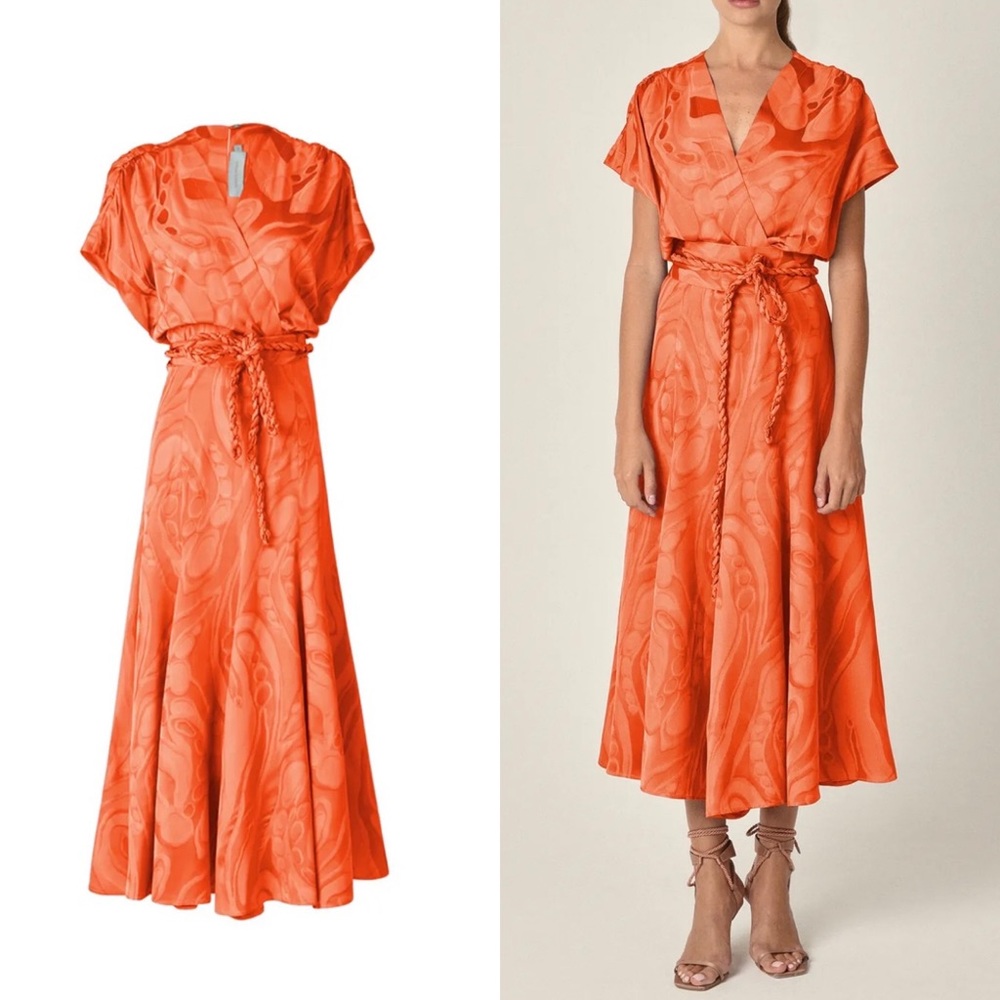 SILVIA TCHERASSI Orange Marble Sottomarina Jacquard Maxi Tie Dress Sz 4